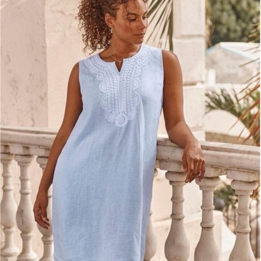 🥰J. Jill  Love 100% Linen Blue White Beaded Embroidered Coastal Dress
Size M